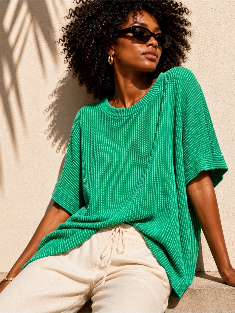 Entro Green Textured Knit Top Oversized Boxy Casual Chic Size Medium